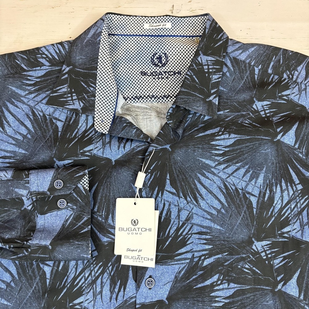 Bugatchi Uomo Palm Print Shirt Mens 2XL Blue Cotton Long Sleeve Button-Up